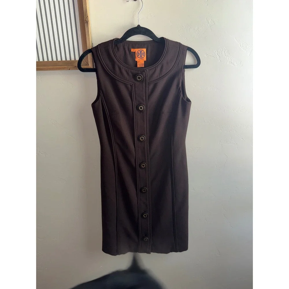 Tory Burch Brown Sleeveless Button‎ Front Shift Dress Wool Blend Size 4